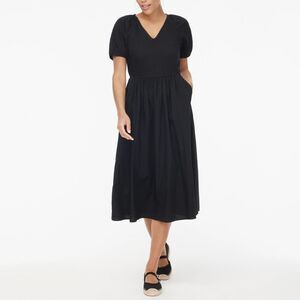 J.CREW Lace-Trim Midi Dress 14 Black  V-Neck Puff Sleeve Pockets NWT B48